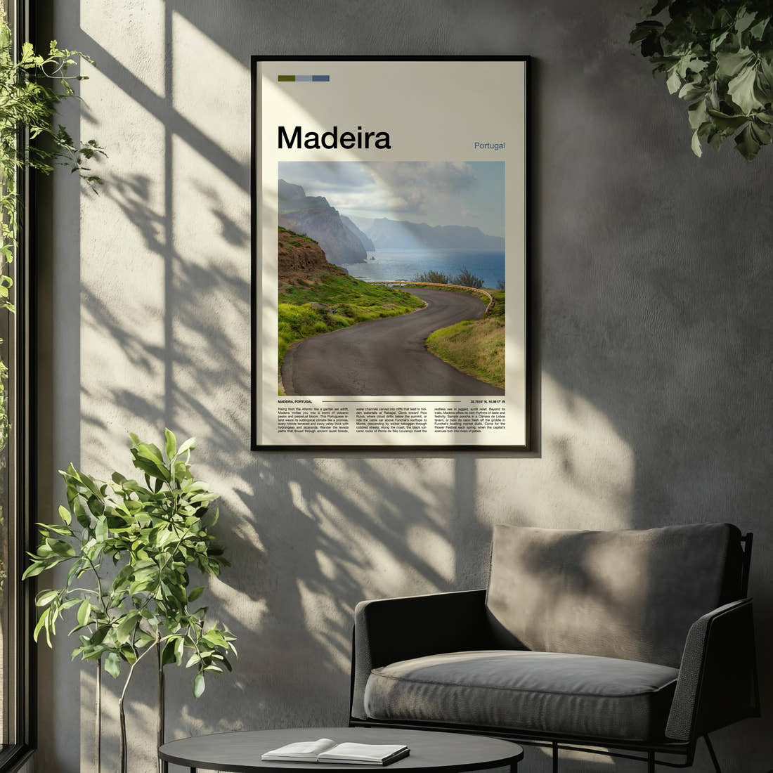 Madeira Winding Coastal Road Travel Print framed on the wall of a relaxed living room
