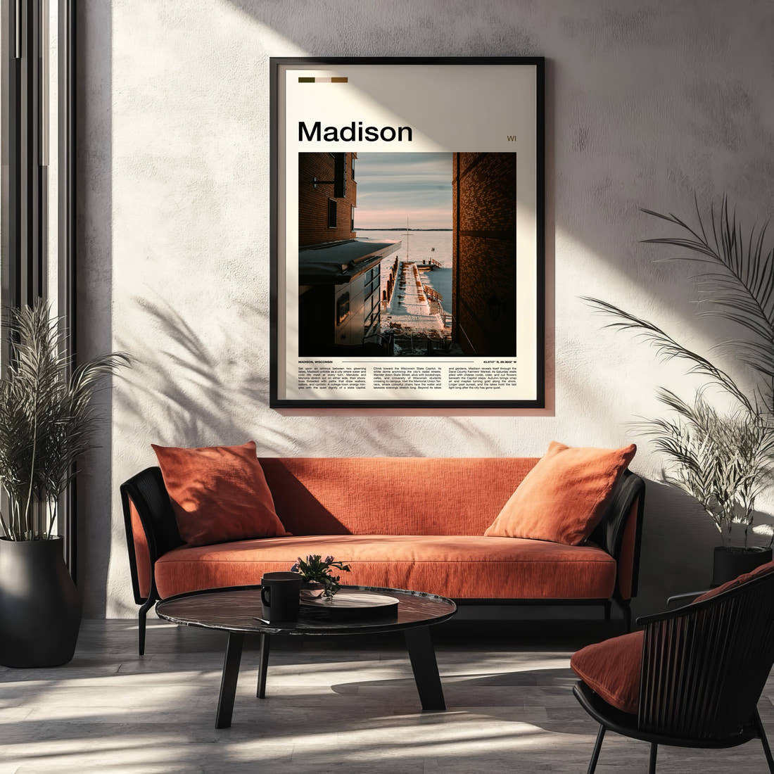 Madison Snowy Lakeside Pier Travel Print framed on the wall of a modern living room