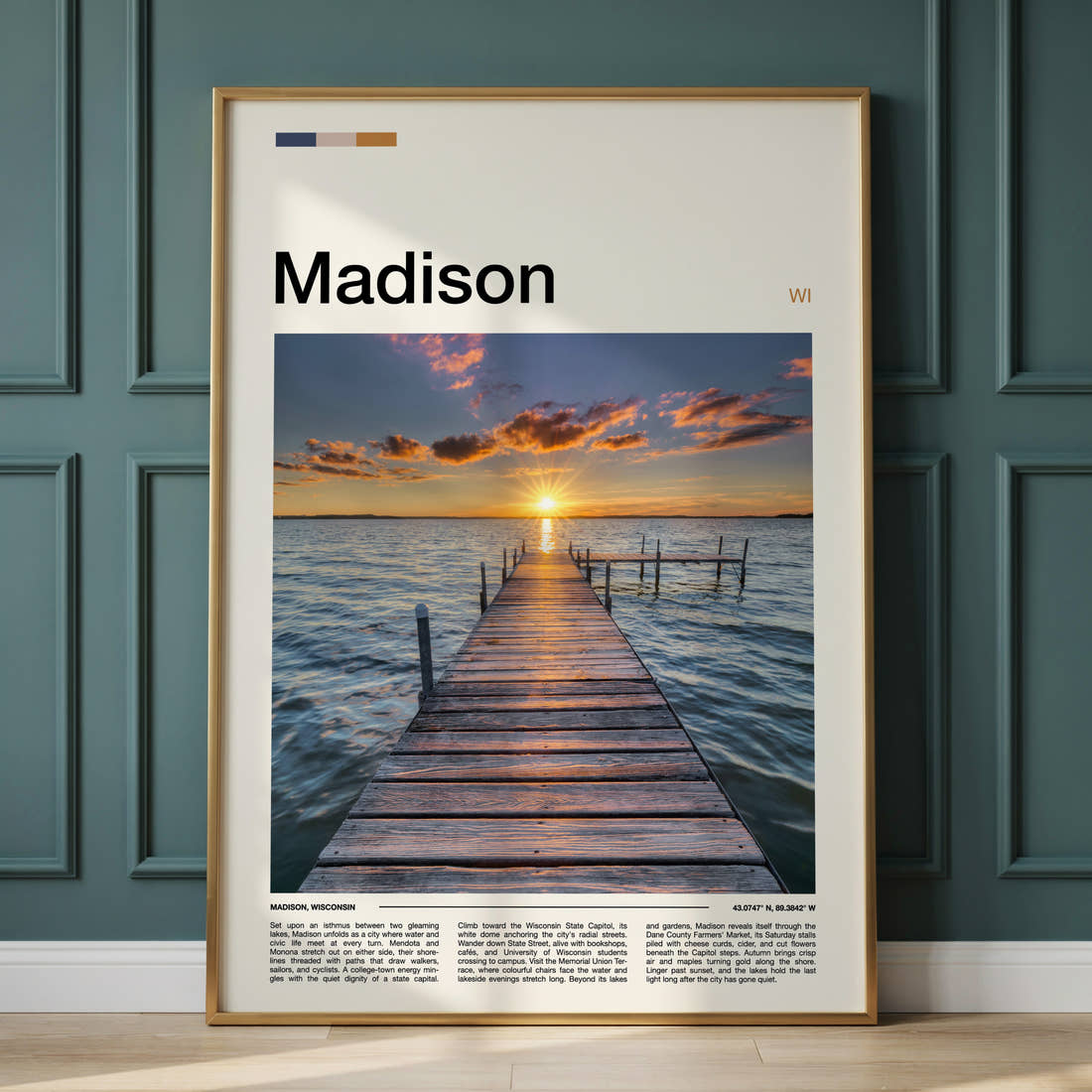 Madison Wooden Lake Pier Travel Print framed on the wall of a calm, neutral bedroom