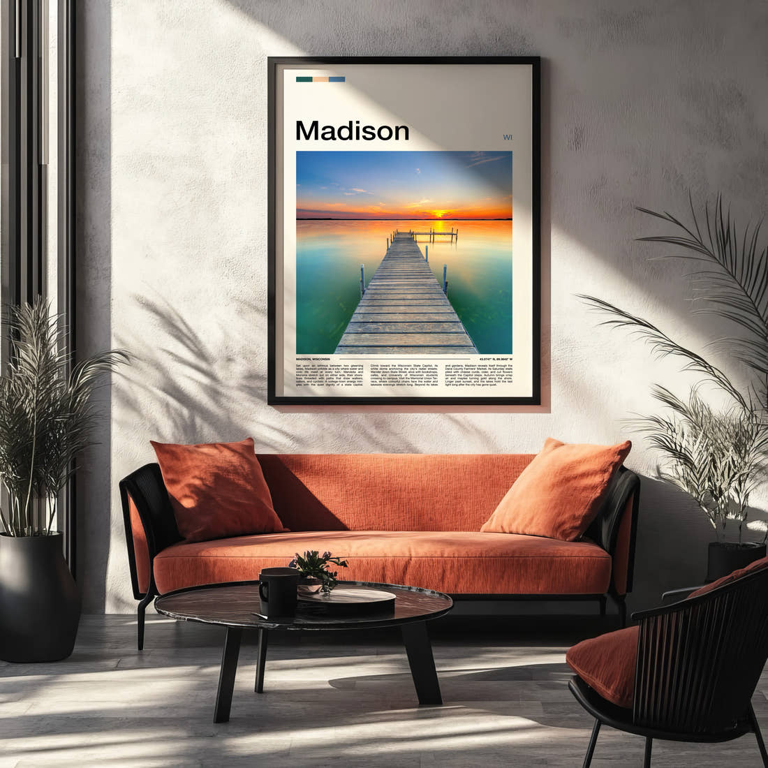 Madison Sunset Lake Pier Travel Print framed on the wall of a modern living room