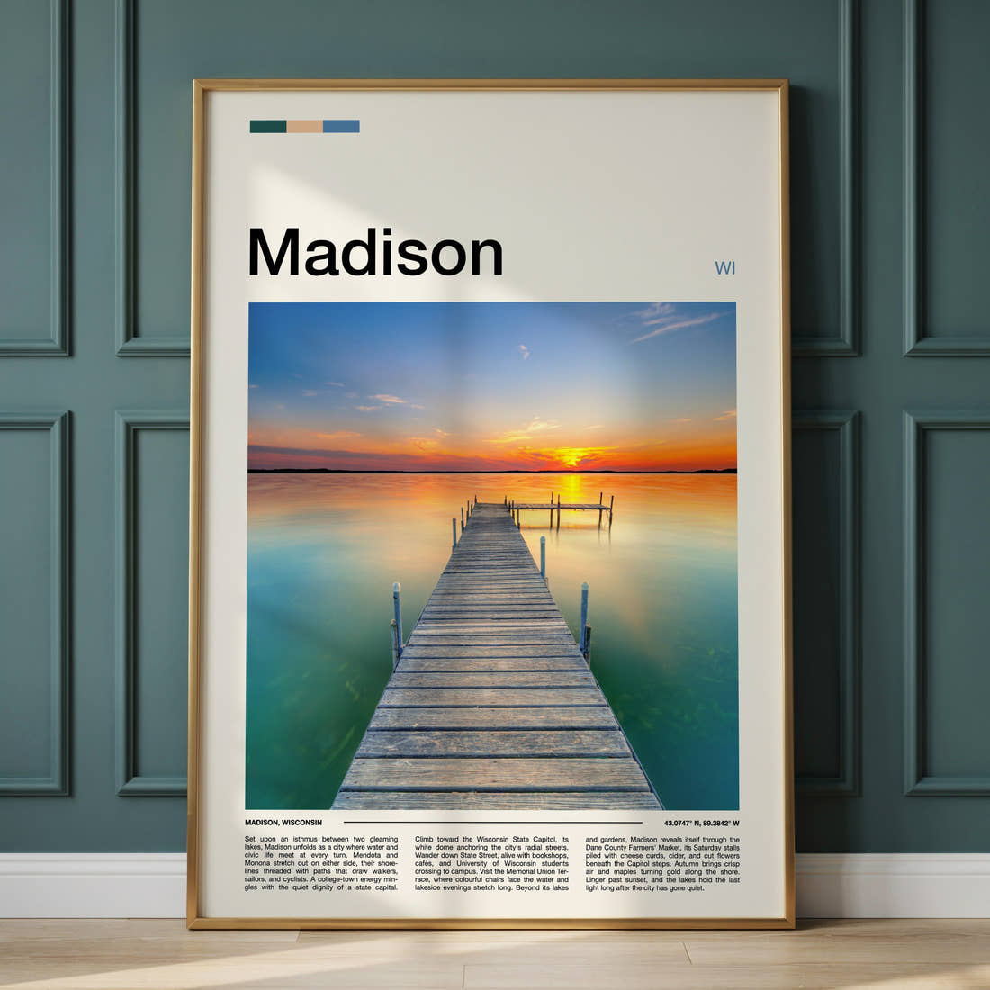 Madison Sunset Lake Pier Travel Print framed on the wall of a calm, neutral bedroom
