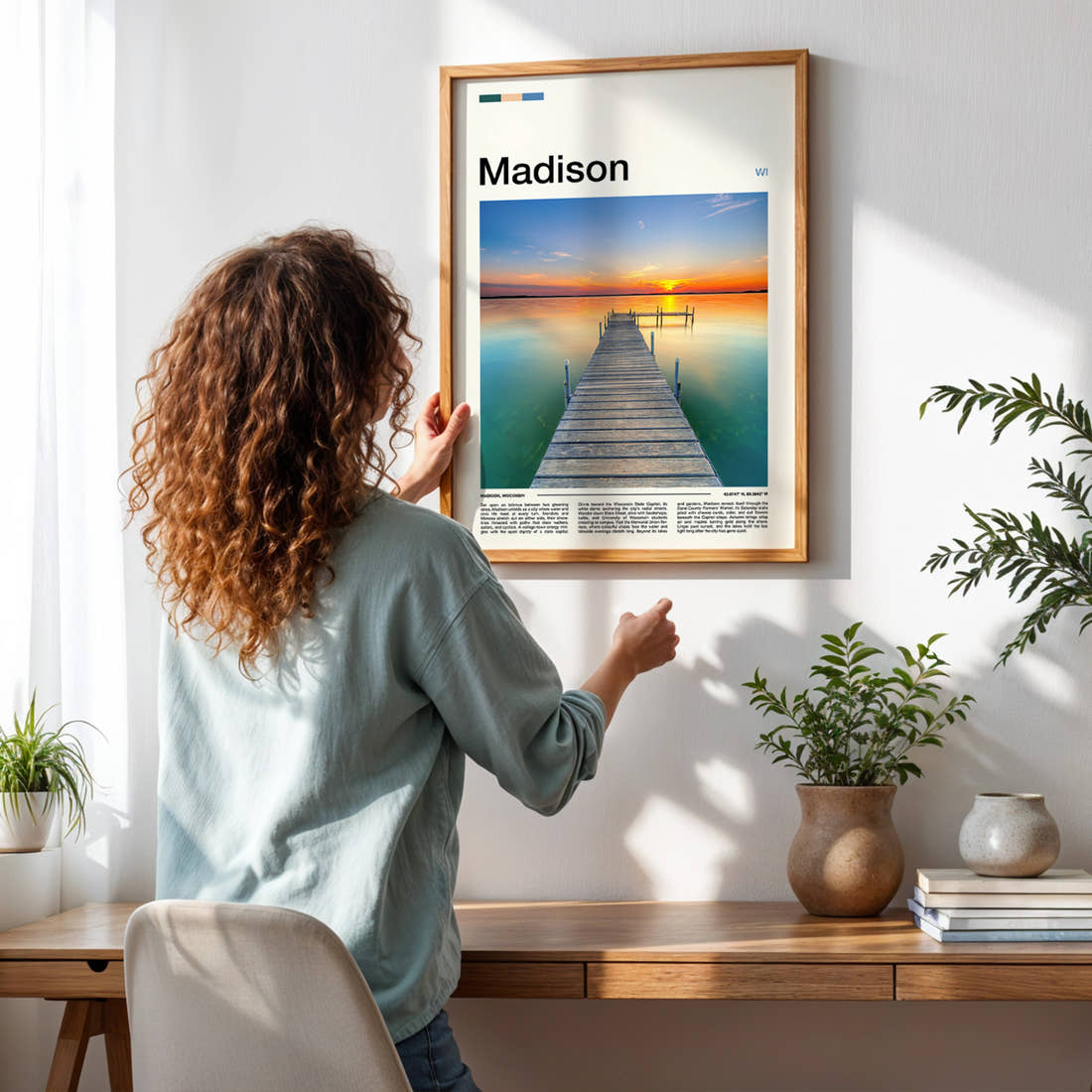 Madison Sunset Lake Pier Travel Print framed on a pale wall beside houseplants