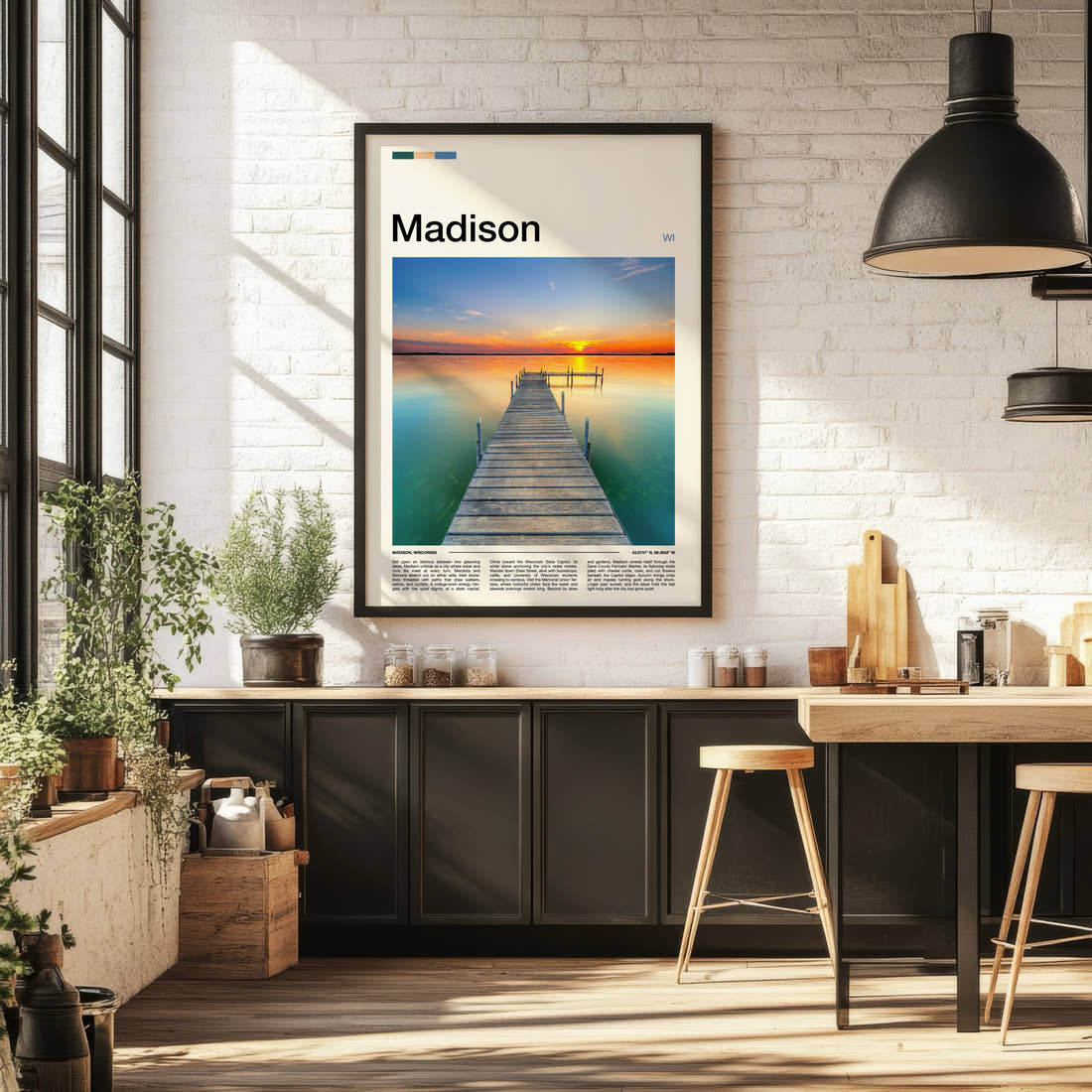 Madison Sunset Lake Pier Travel Print framed on the wall of a bright kitchen and dining space