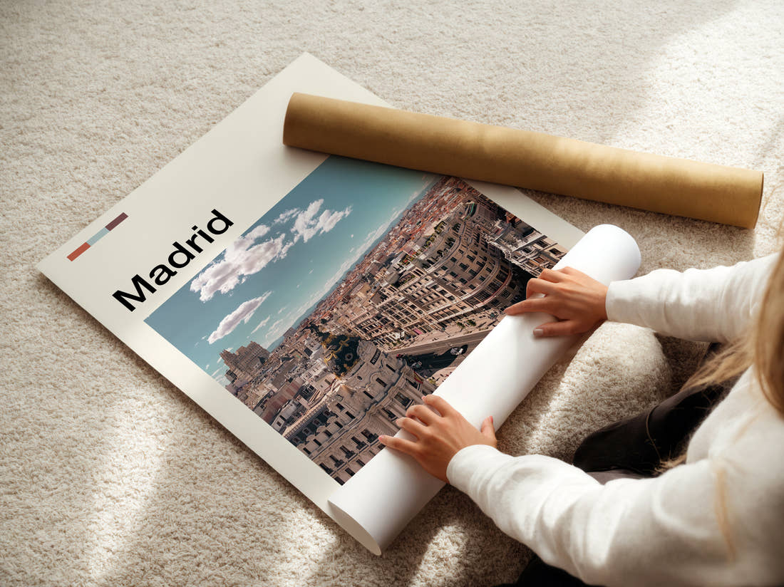 Madrid Gran Via Rooftops Travel Print being unrolled from its postal tube