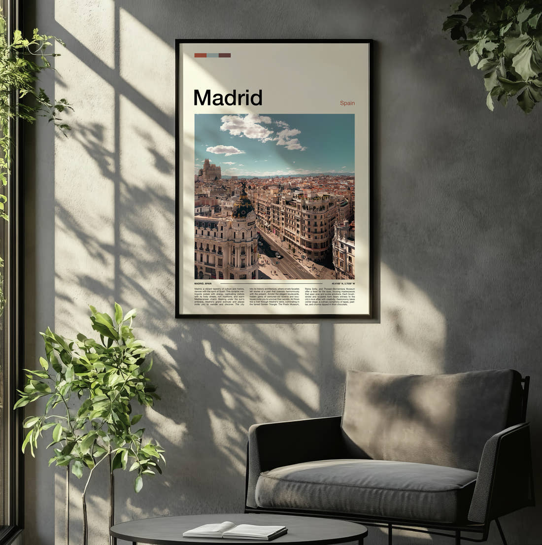 Madrid Gran Via Rooftops Travel Print framed on the wall of a relaxed living room