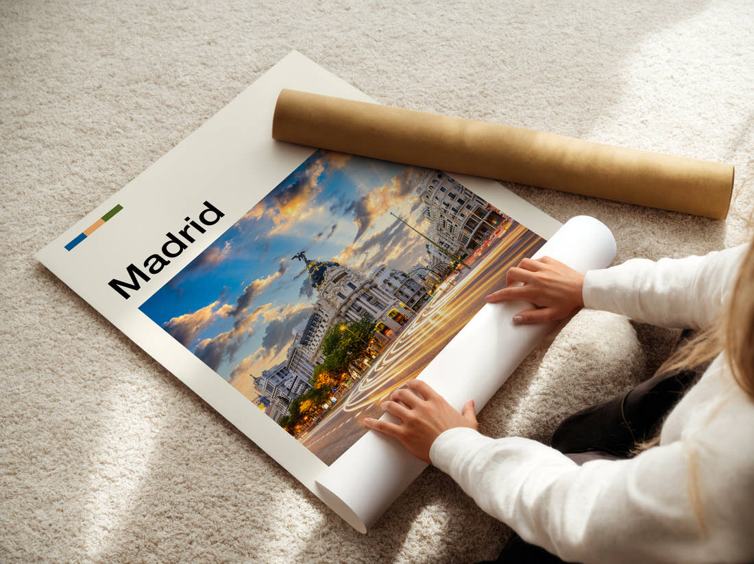 Madrid Metropolis Building Travel Print being unrolled from its postal tube
