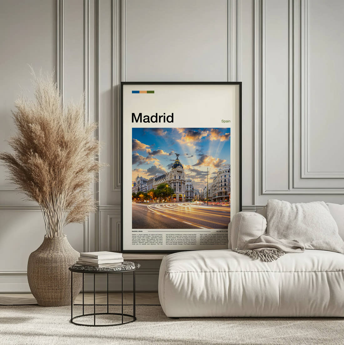 Madrid Metropolis Building Travel Print framed on the wall of a calm, neutral bedroom