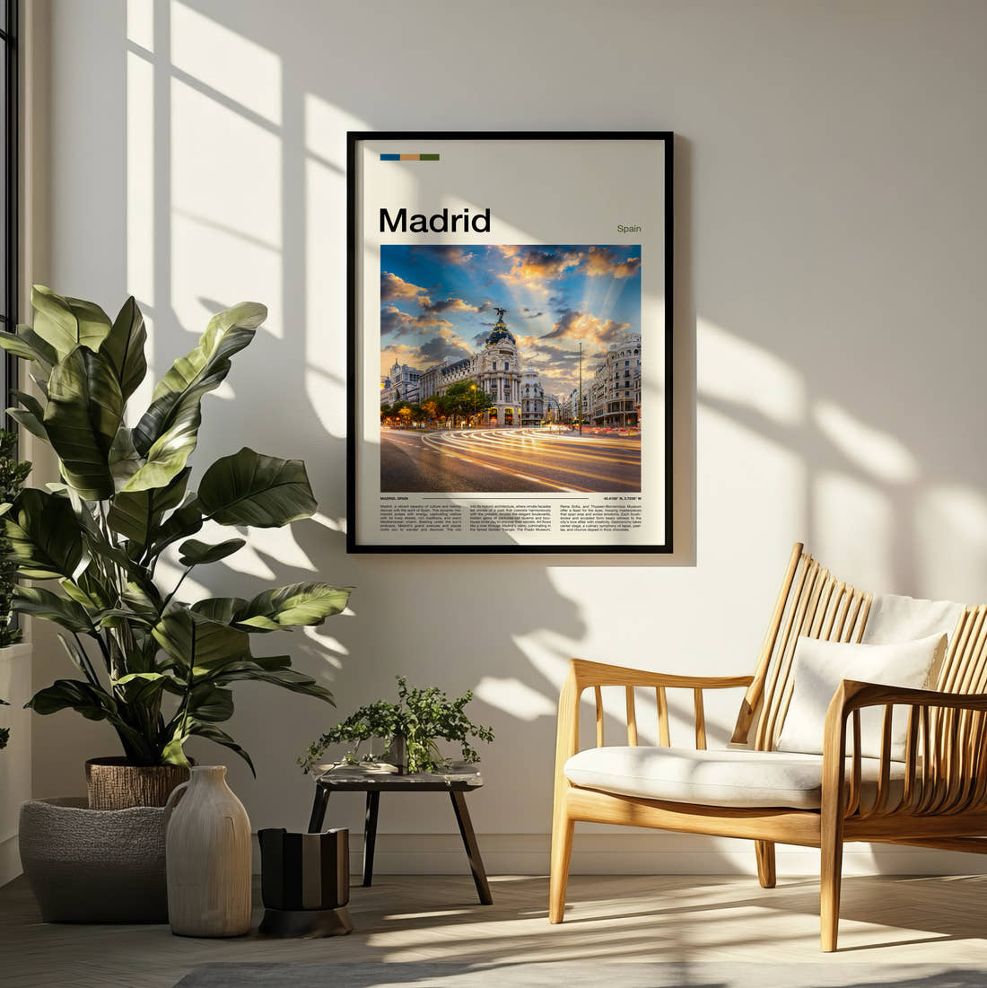 Madrid Metropolis Building Travel Print framed on a pale wall beside houseplants
