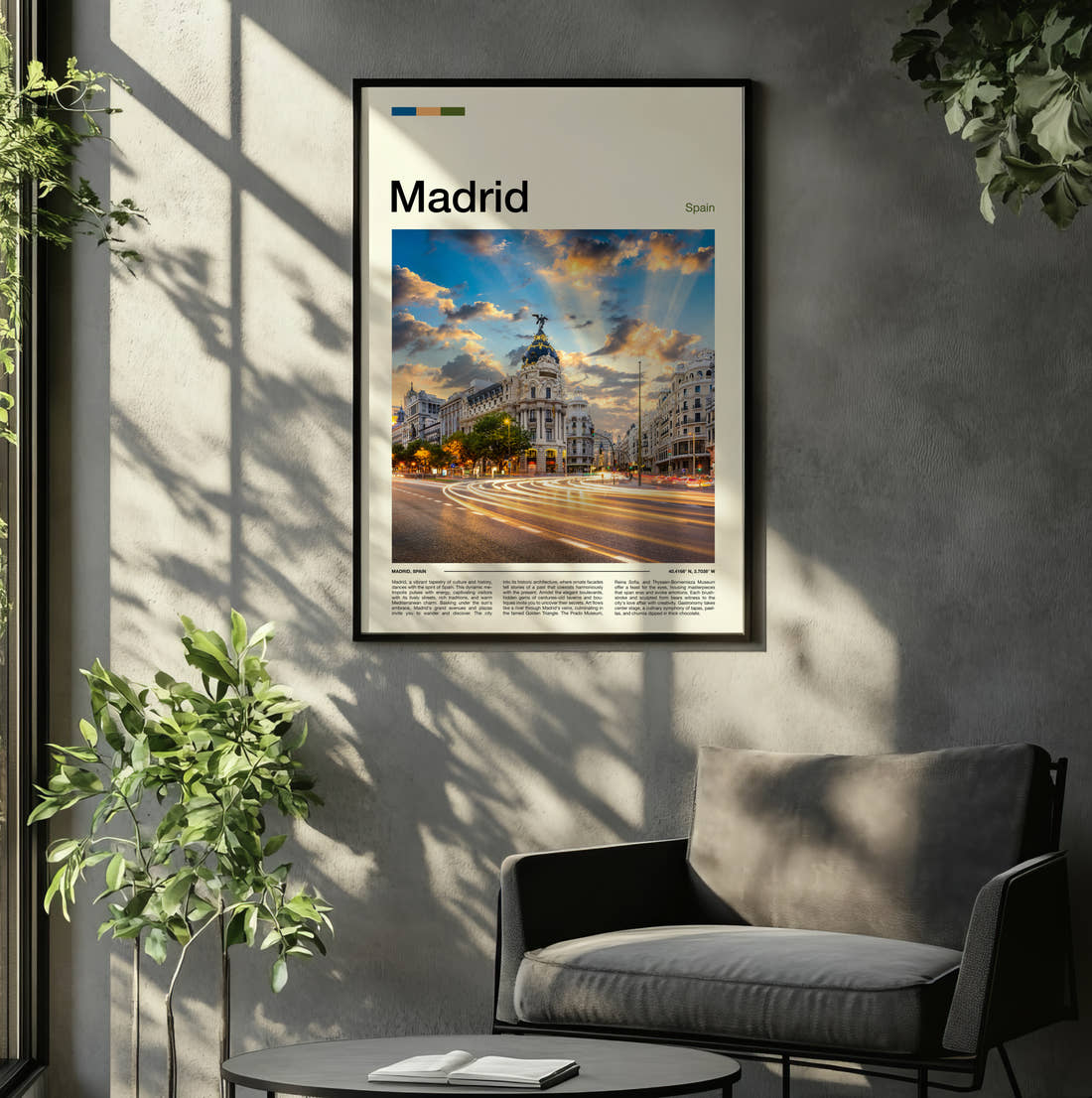 Madrid Metropolis Building Travel Print framed on the wall of a relaxed living room