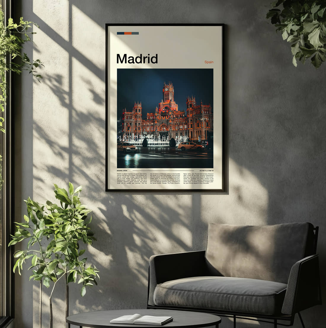 Madrid Cybele Palace Travel Print framed on the wall of a relaxed living room