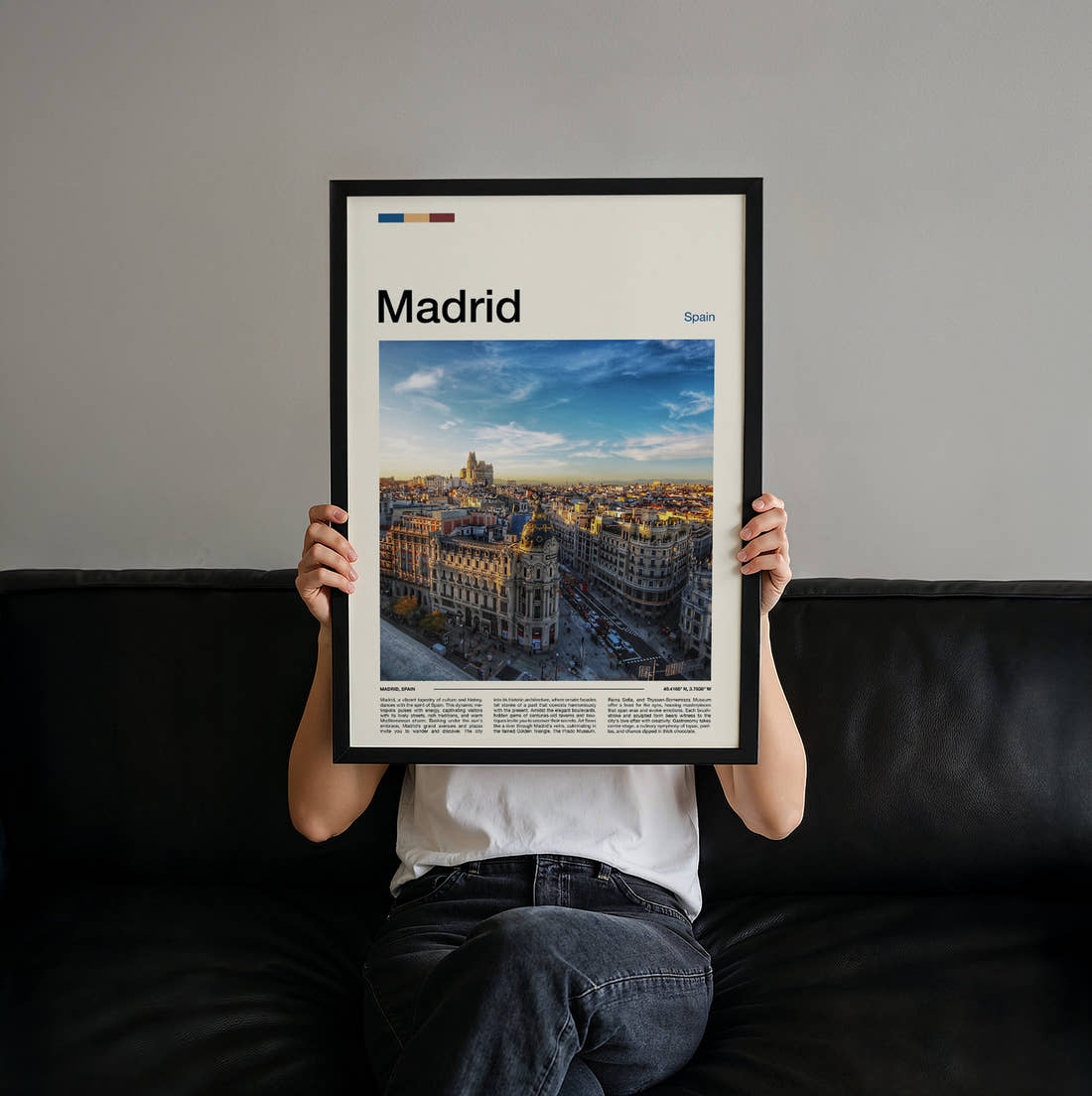 Madrid Gran Via At Sunrise Travel Print held up by hand to show the size of the print