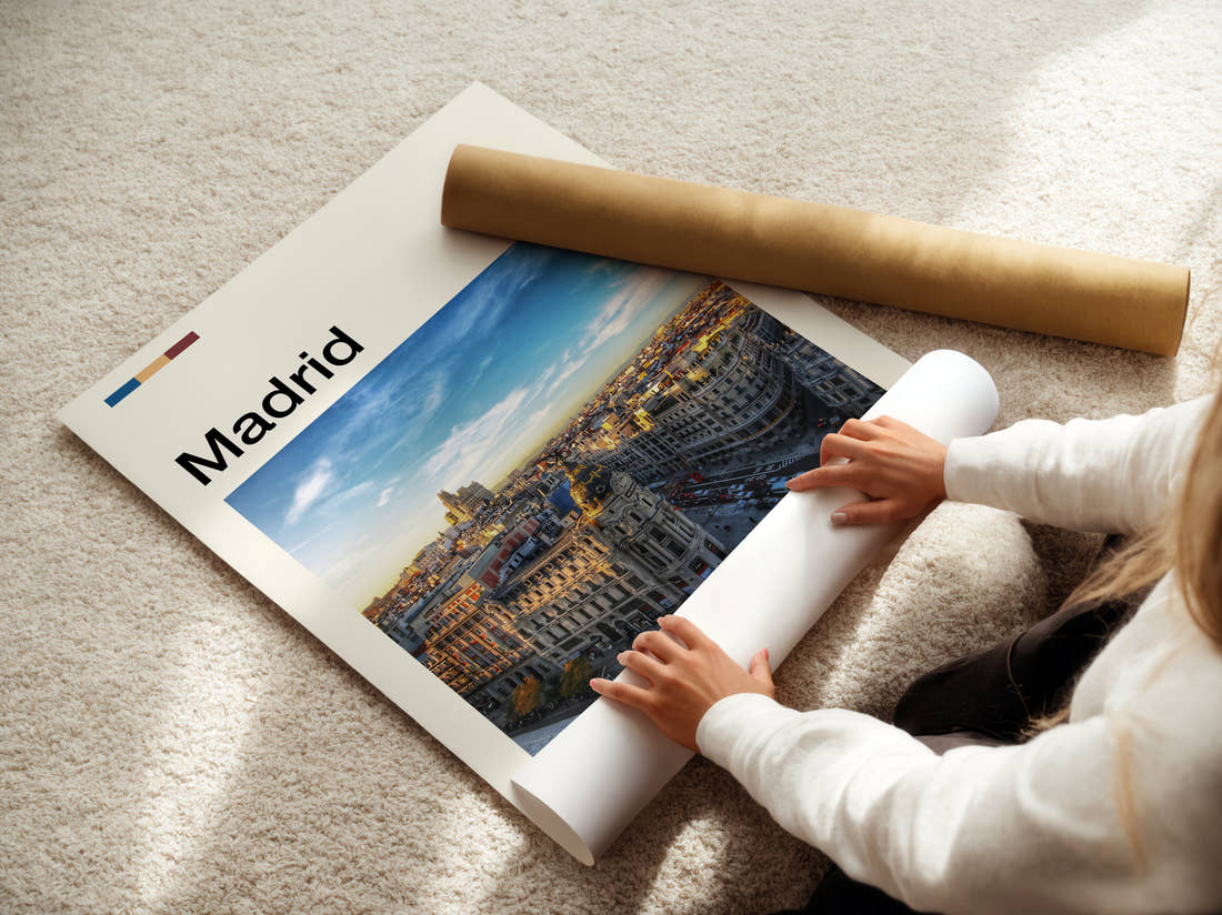 Madrid Gran Via At Sunrise Travel Print being unrolled from its postal tube