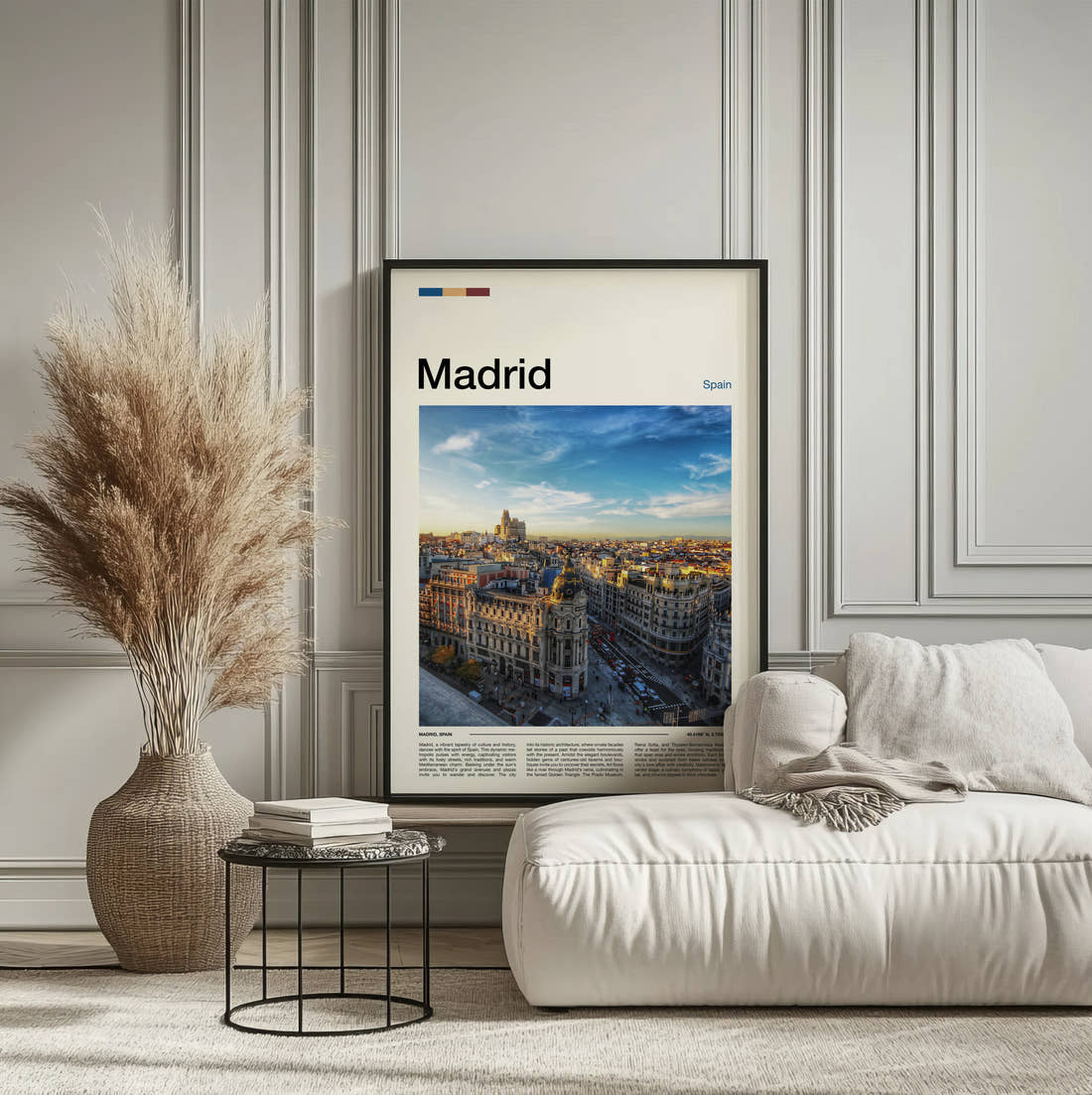 Madrid Gran Via At Sunrise Travel Print framed on the wall of a calm, neutral bedroom