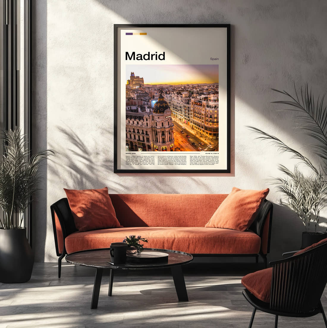 Madrid Metropolis Building At Sunset Travel Print framed on the wall of a modern living room