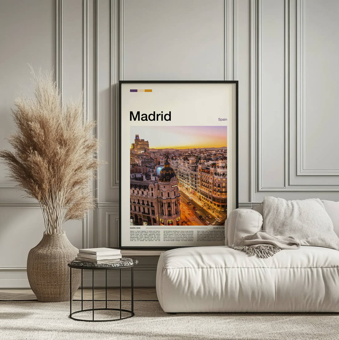 Madrid Metropolis Building At Sunset Travel Print framed on the wall of a calm, neutral bedroom