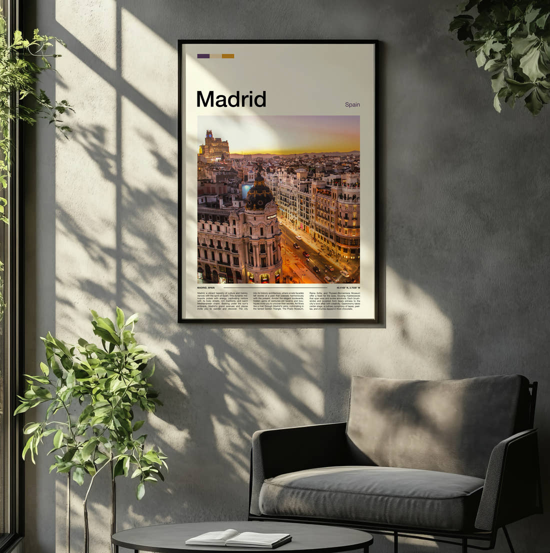 Madrid Metropolis Building At Sunset Travel Print framed on the wall of a relaxed living room