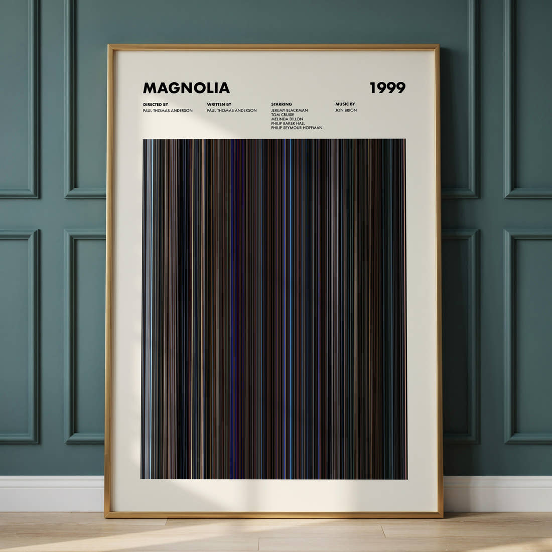 Magnolia Movie Barcode Poster framed and leaning against a panelled wall