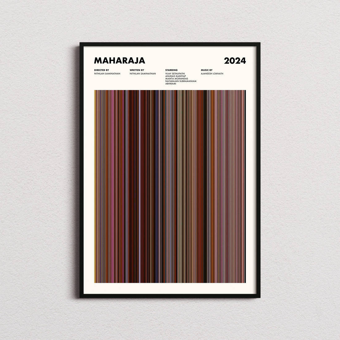 Maharaja Movie Barcode Poster framed on a plain studio wall