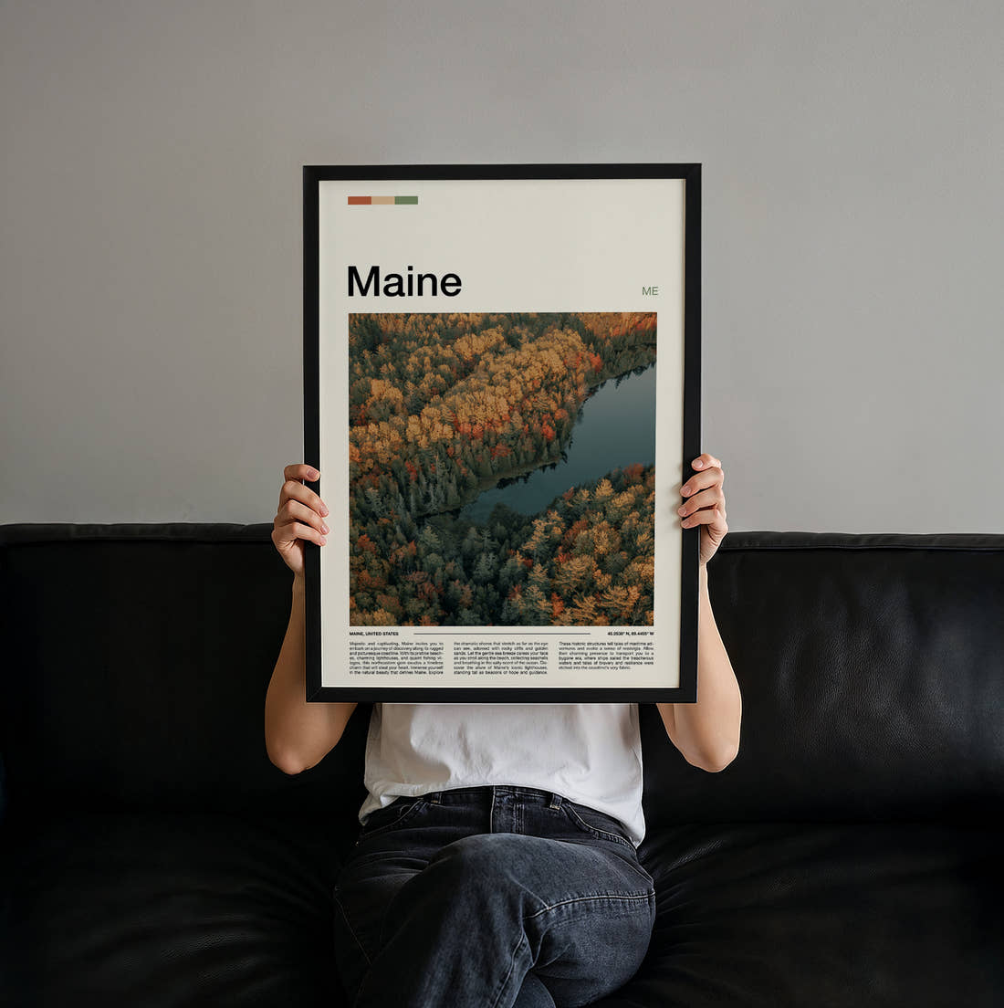 Maine Autumn Forest From Above Travel Print held up by hand to show the size of the print