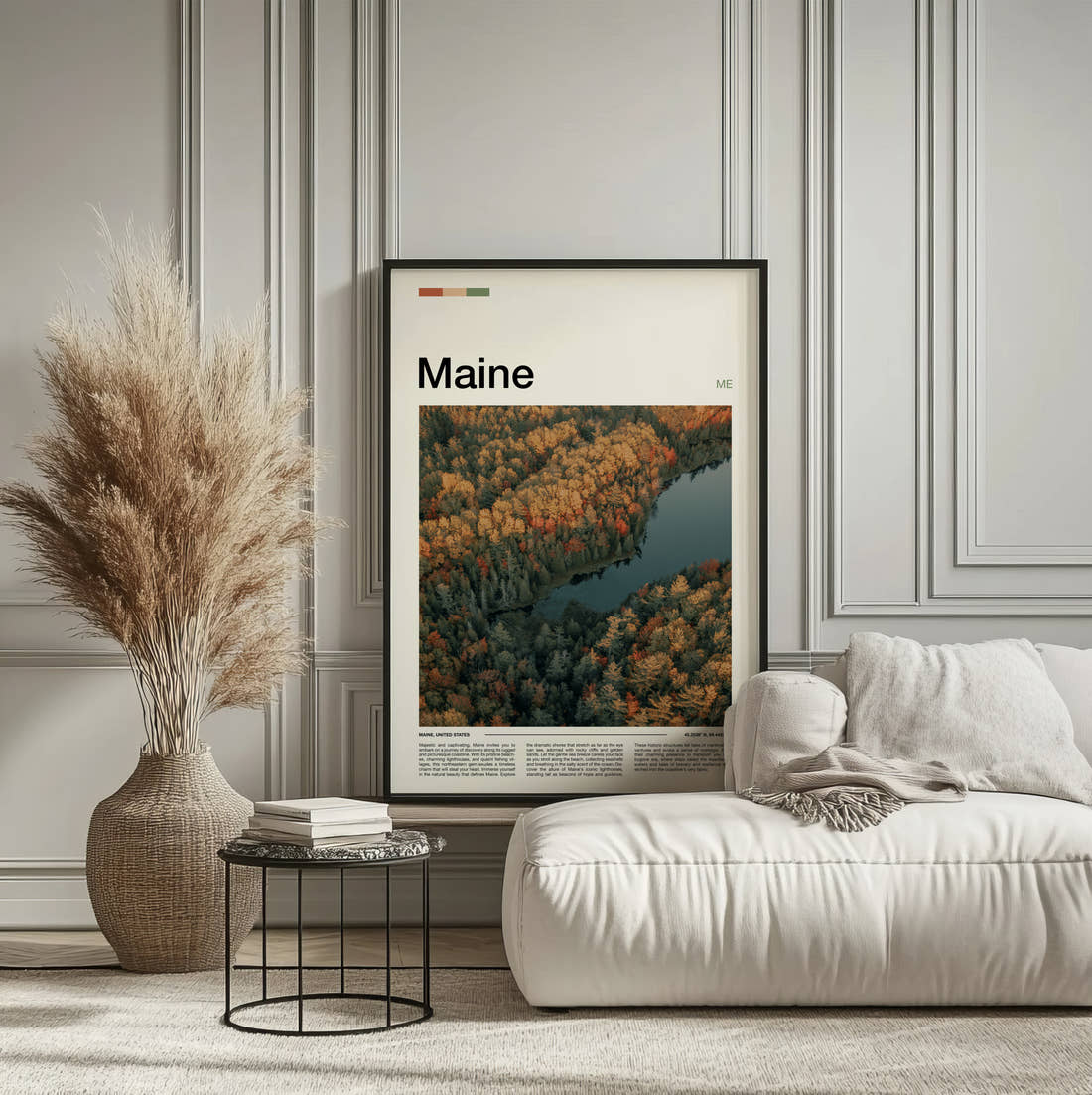 Maine Autumn Forest From Above Travel Print framed on the wall of a calm, neutral bedroom