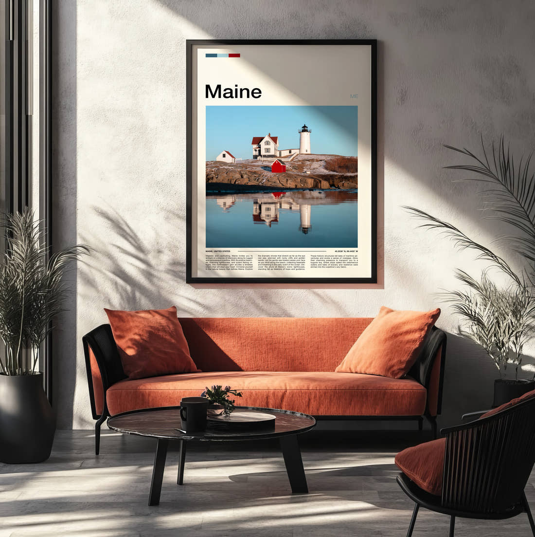 Maine Nubble Lighthouse Travel Print framed on the wall of a modern living room