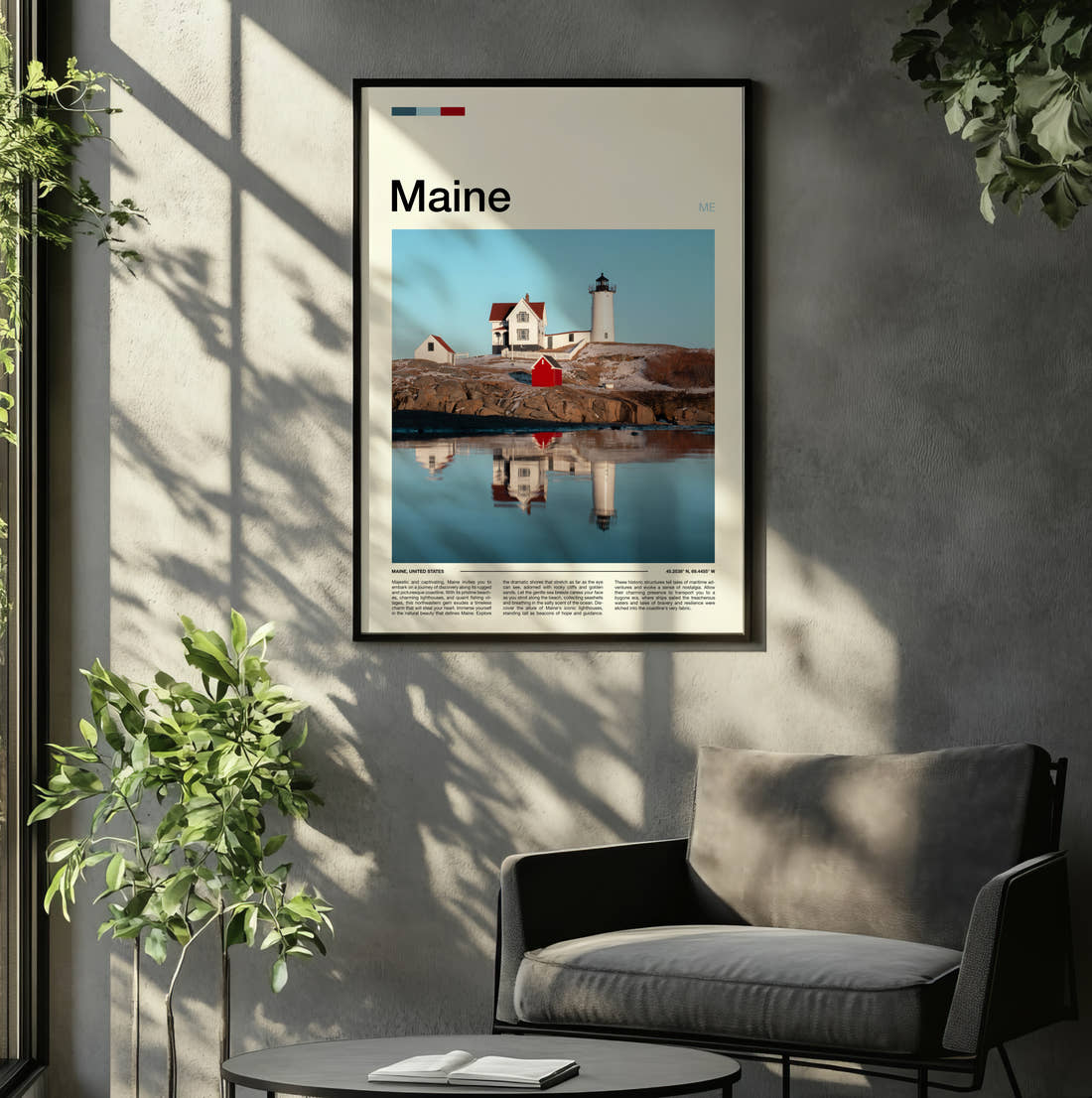 Maine Nubble Lighthouse Travel Print framed on the wall of a relaxed living room