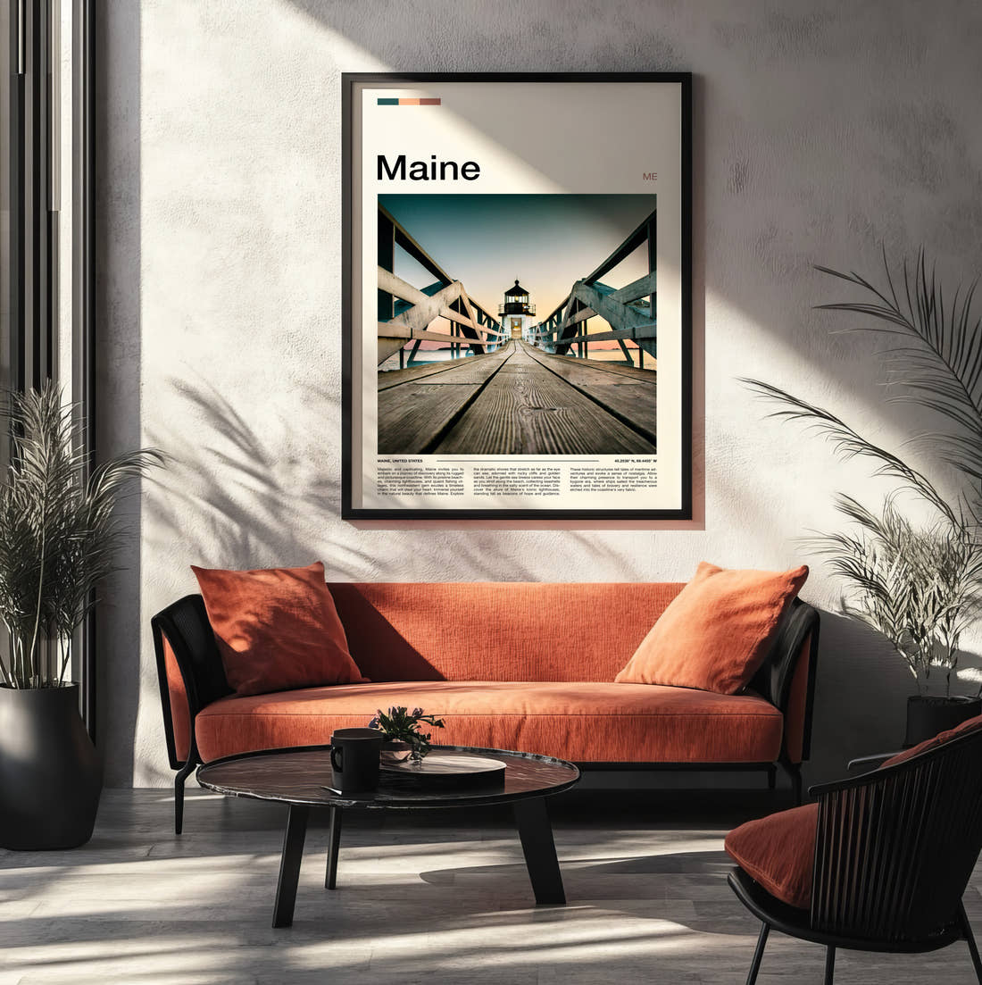 Maine Pier Leading To Lighthouse Travel Print framed on the wall of a modern living room