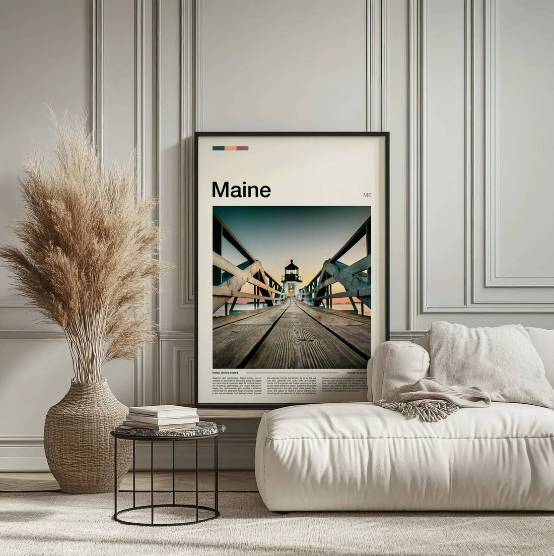 Maine Pier Leading To Lighthouse Travel Print framed on the wall of a calm, neutral bedroom
