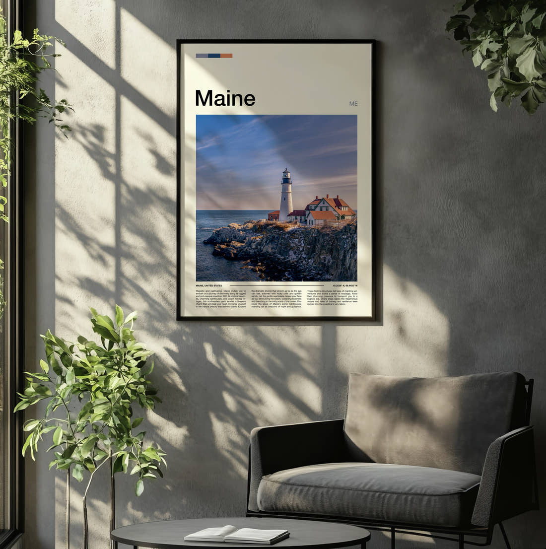 Maine Portland Head Light Travel Print framed on the wall of a relaxed living room