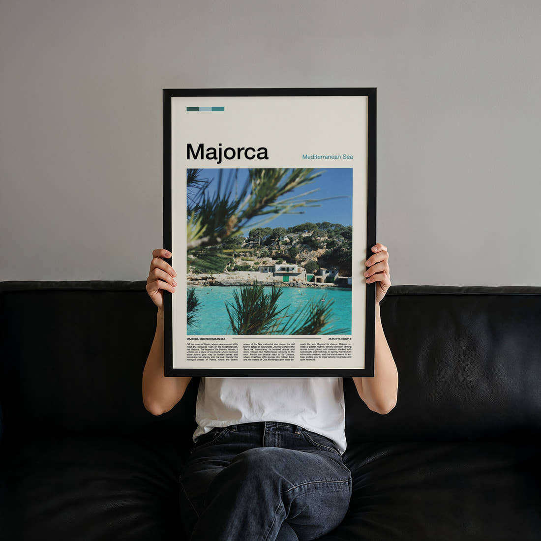 Majorca Turquoise Cove Cliffs Travel Print held up by hand to show the size of the print