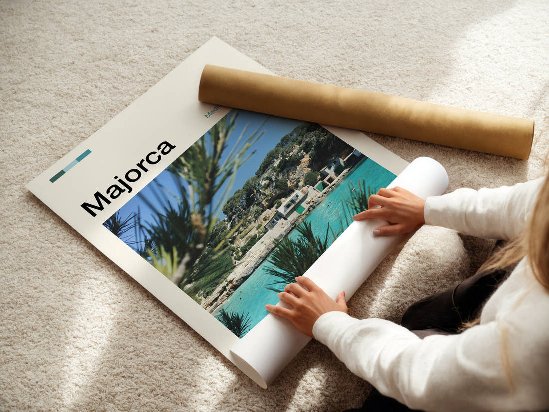 Majorca Turquoise Cove Cliffs Travel Print being unrolled from its postal tube
