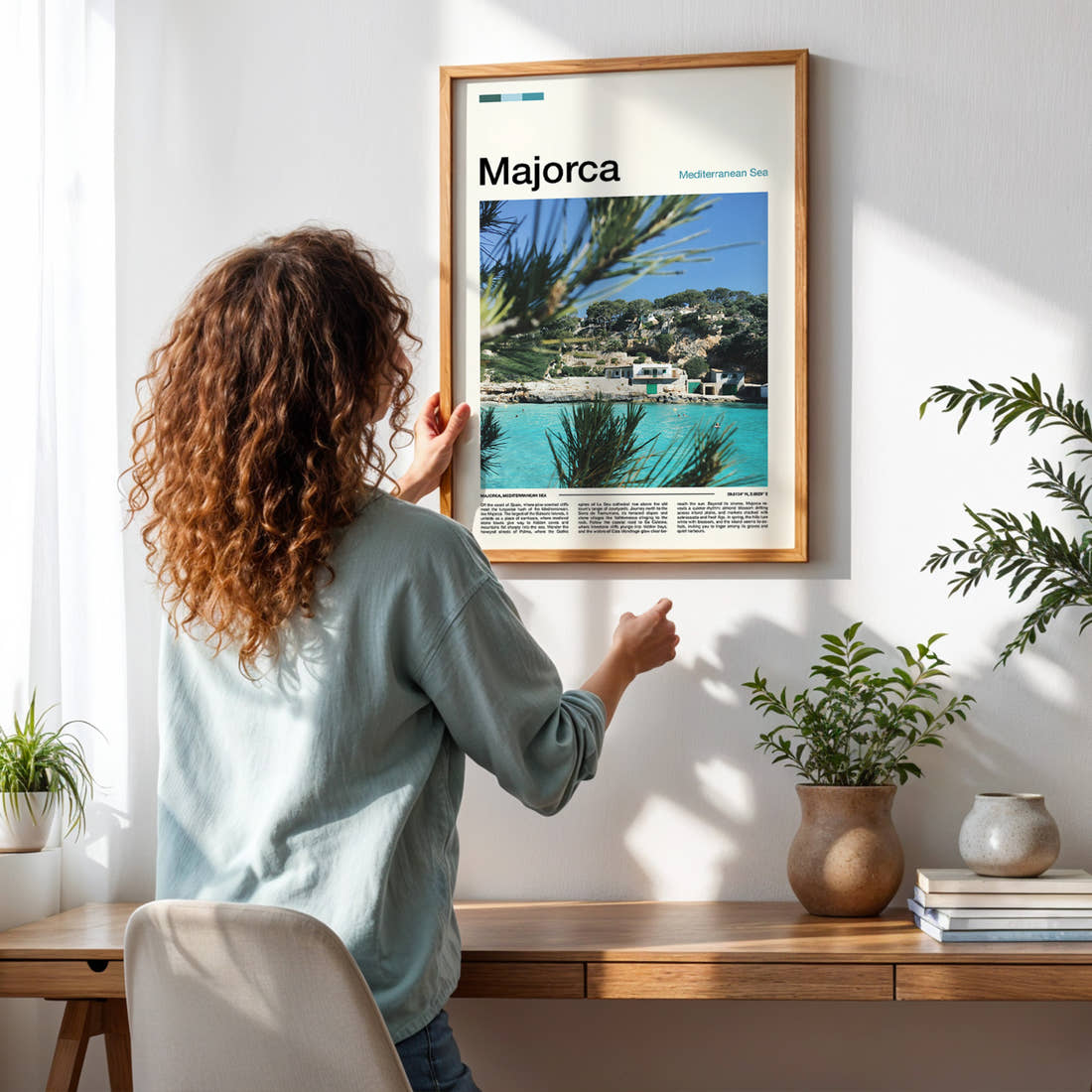 Majorca Turquoise Cove Cliffs Travel Print framed on a pale wall beside houseplants