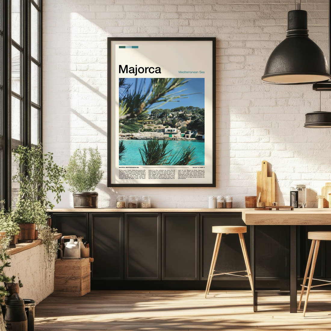 Majorca Turquoise Cove Cliffs Travel Print framed on the wall of a bright kitchen and dining space