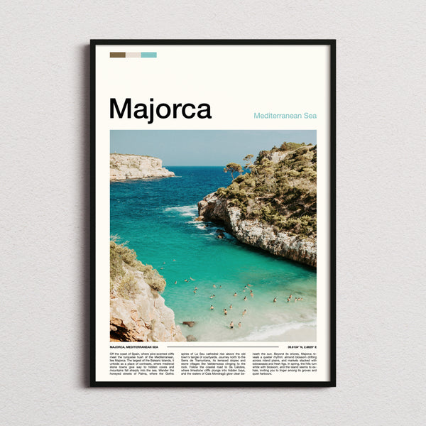 Majorca Turquoise Cove Aerial Travel Print framed and photographed straight on