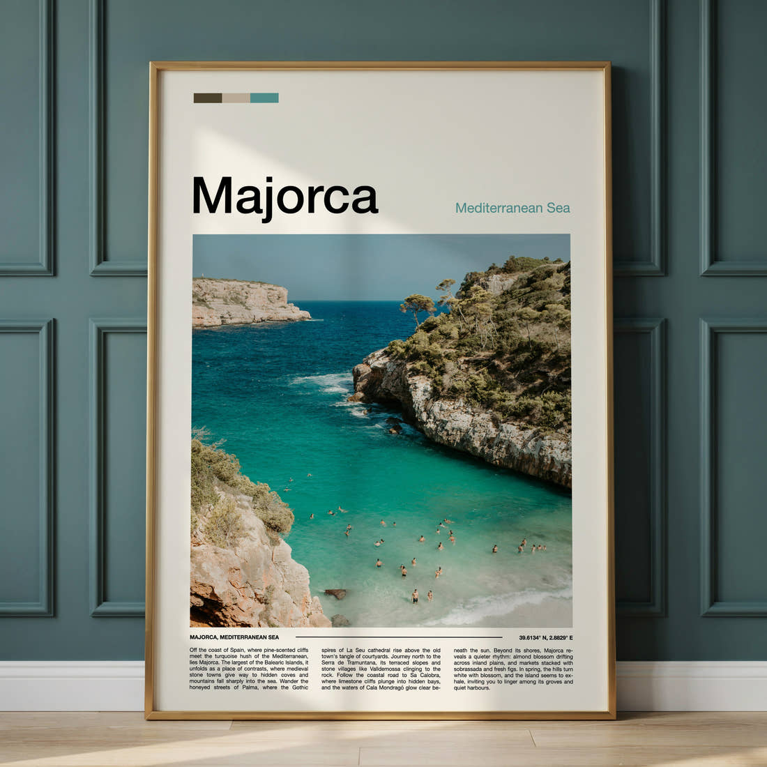 Majorca Turquoise Cove Aerial Travel Print framed on the wall of a calm, neutral bedroom