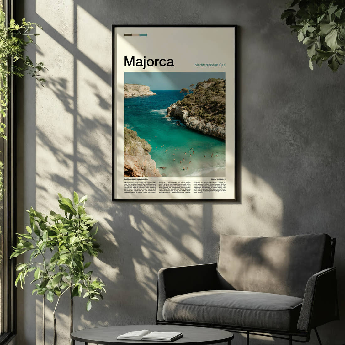 Majorca Turquoise Cove Aerial Travel Print framed on the wall of a relaxed living room