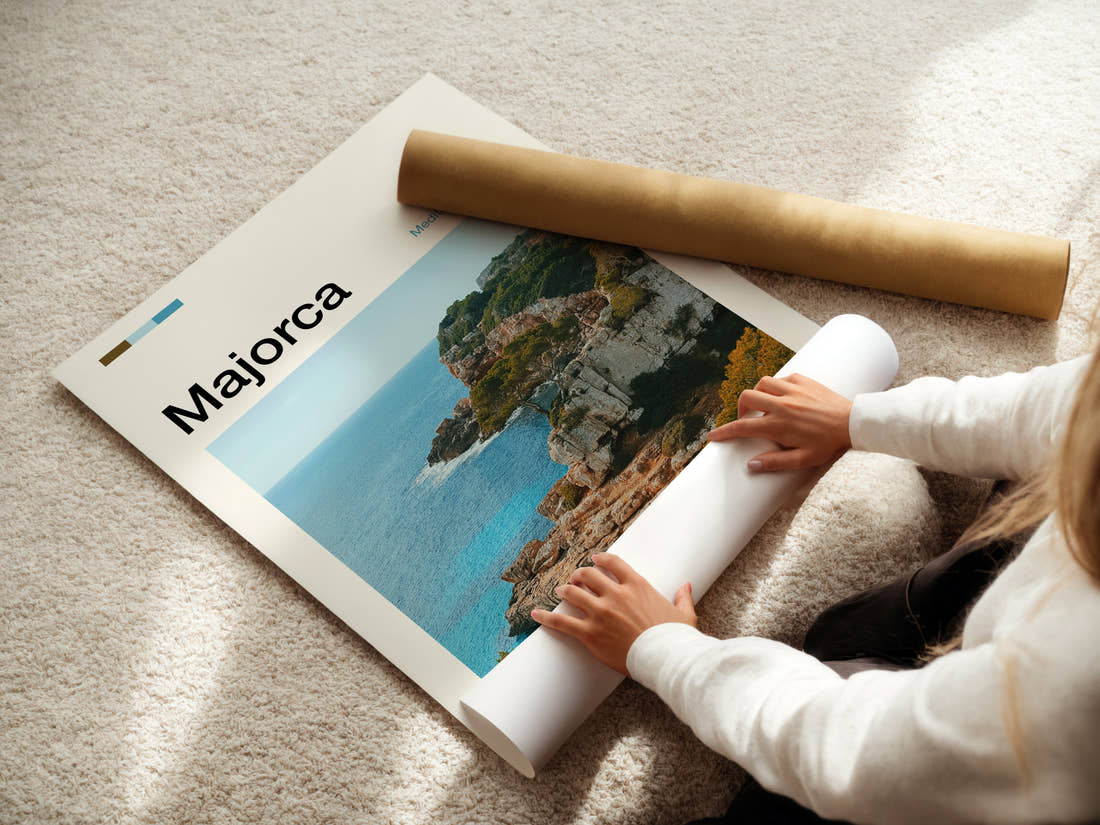 Majorca Rugged Coastal Cliffs Travel Print being unrolled from its postal tube
