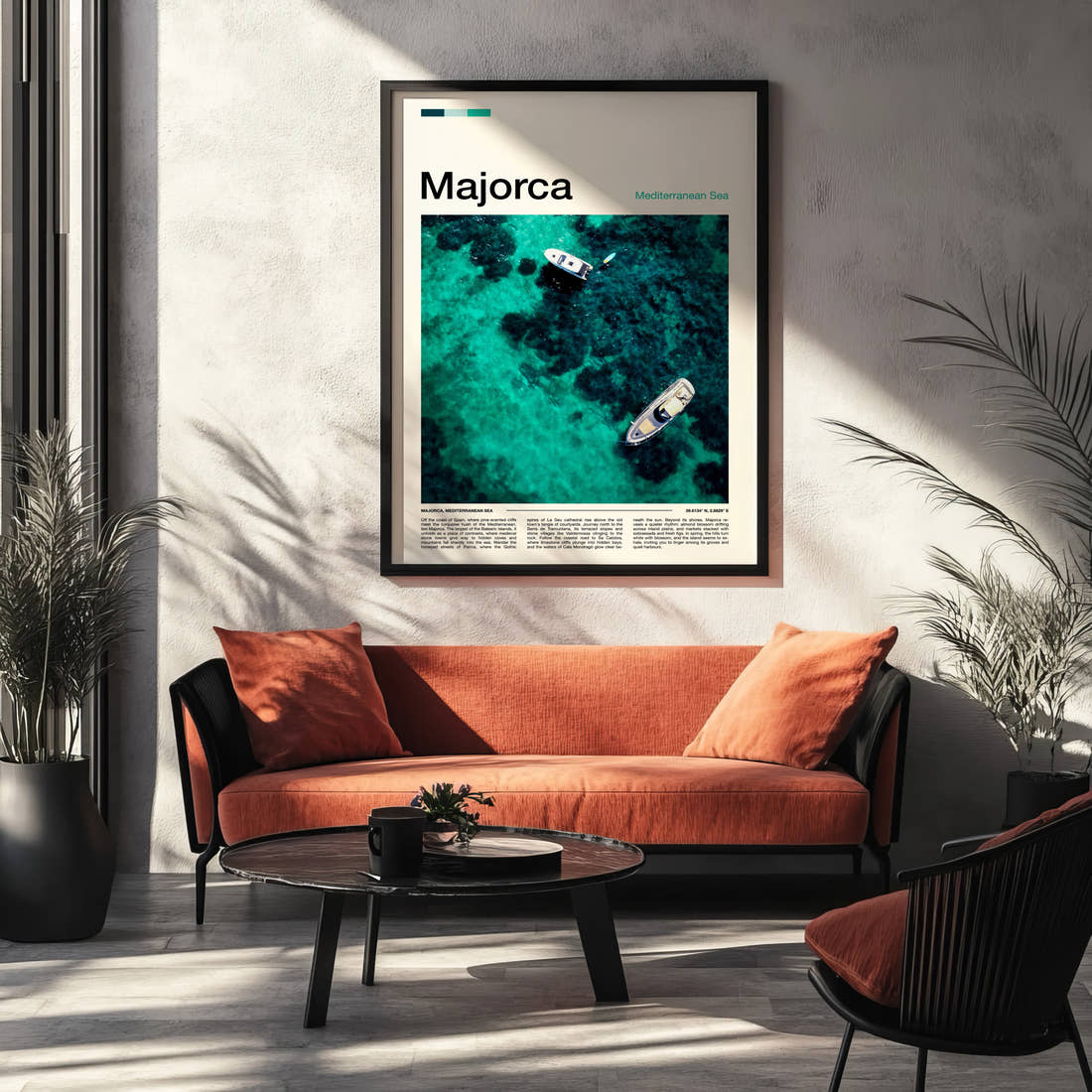 Majorca Turquoise Water From Above Travel Print framed on the wall of a modern living room