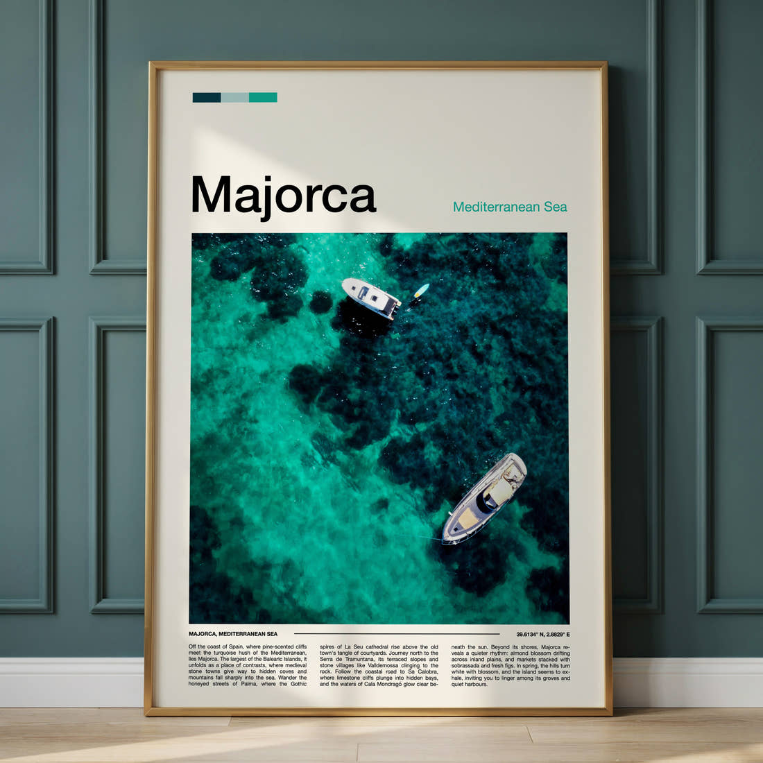 Majorca Turquoise Water From Above Travel Print framed on the wall of a calm, neutral bedroom