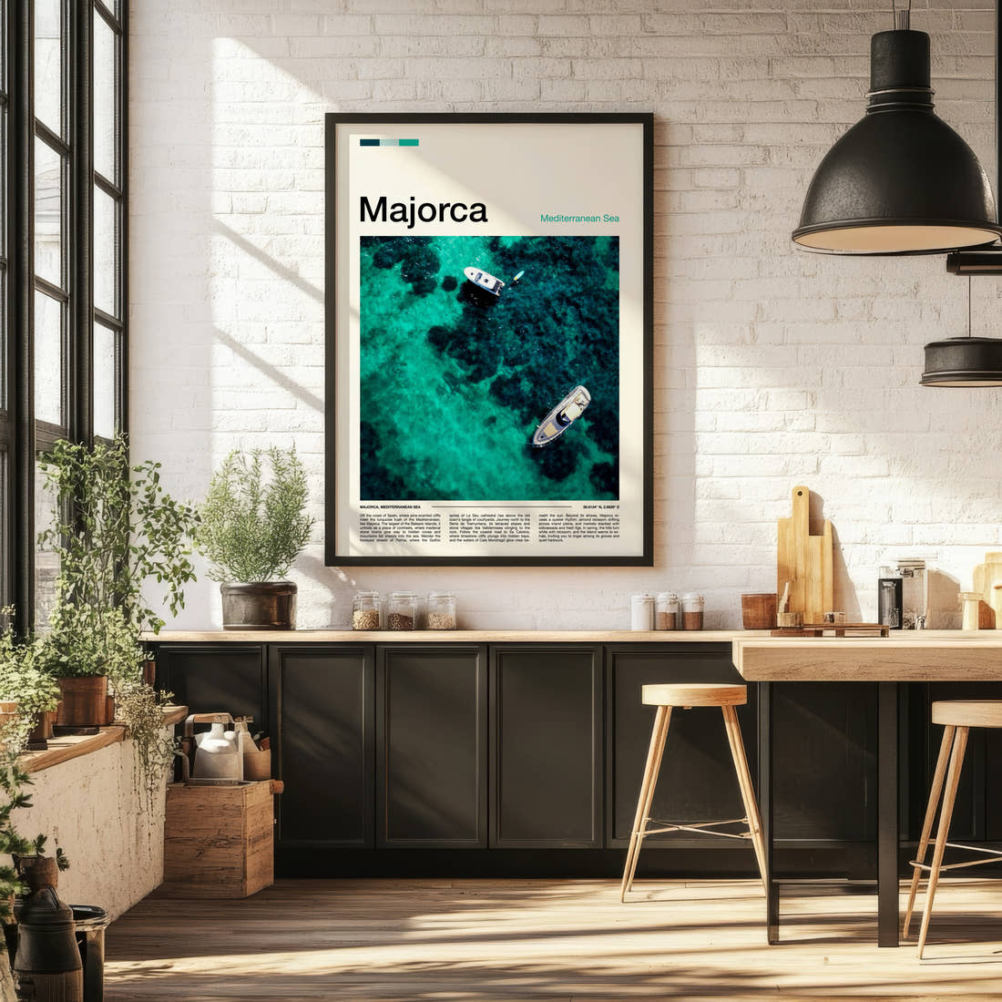 Majorca Turquoise Water From Above Travel Print framed on the wall of a bright kitchen and dining space