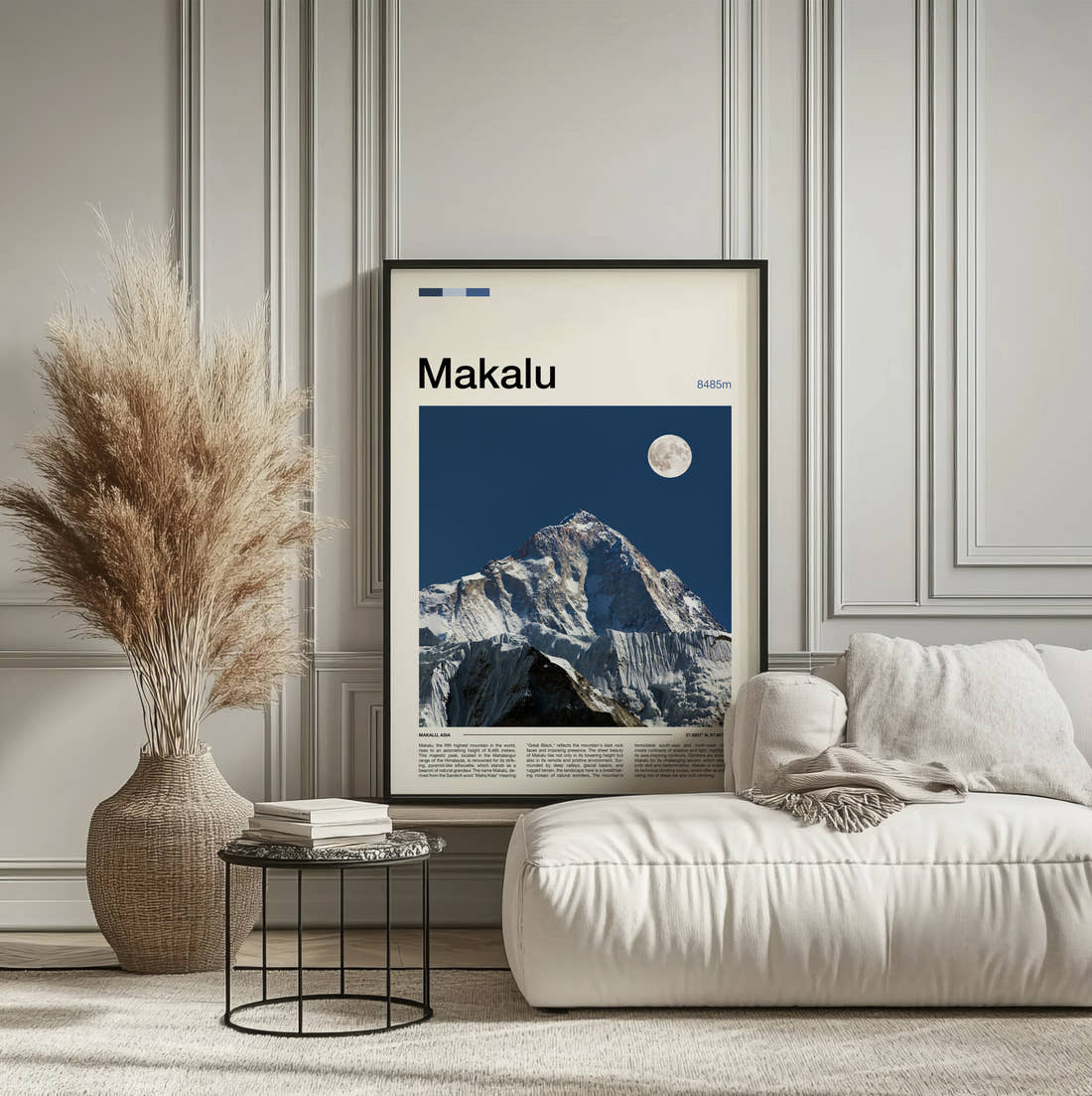 Makalu Moon Over Snowy Peak Travel Print framed on the wall of a calm, neutral bedroom