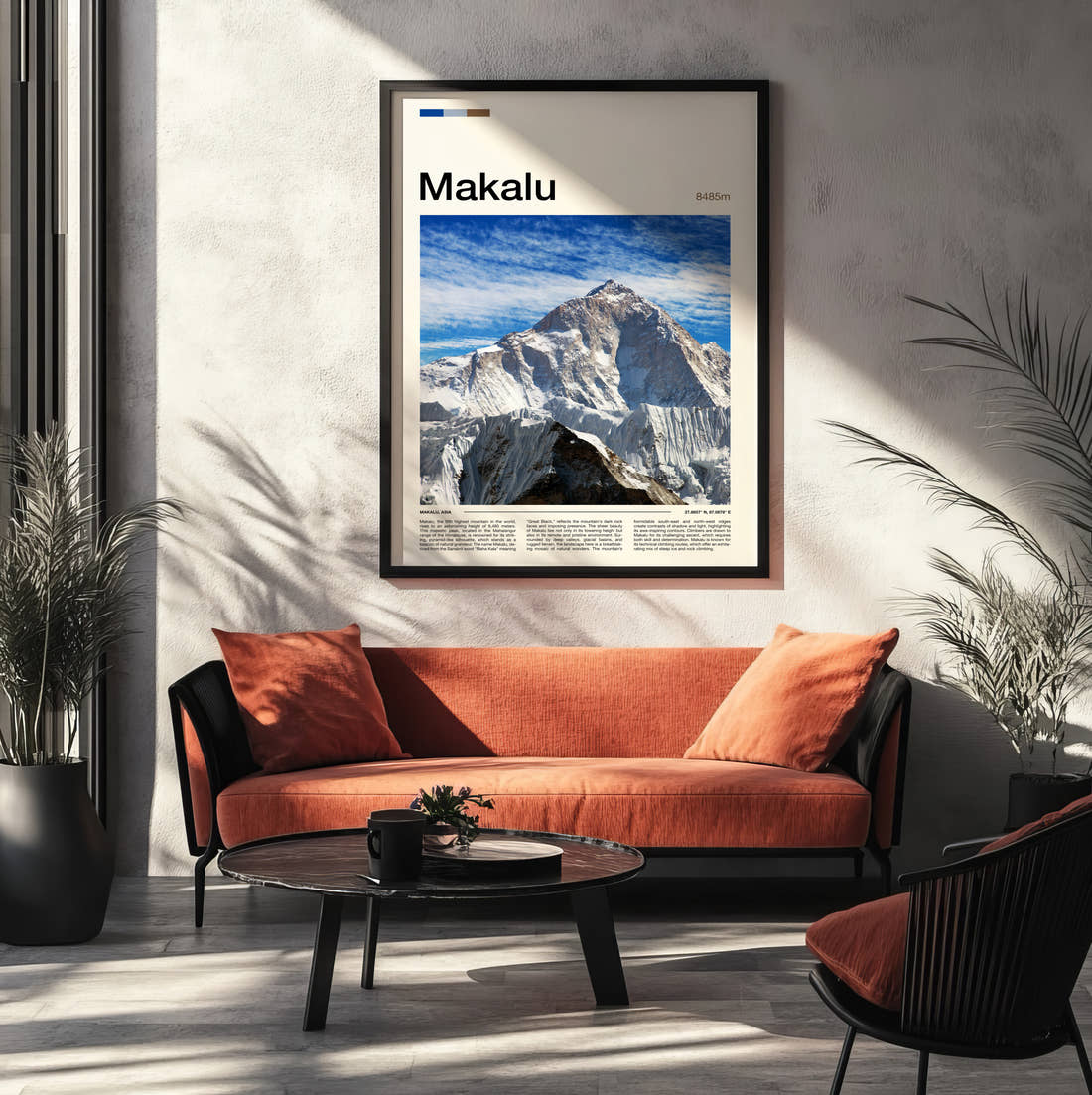 Makalu Snowy Mountain Peaks Travel Print framed on the wall of a modern living room