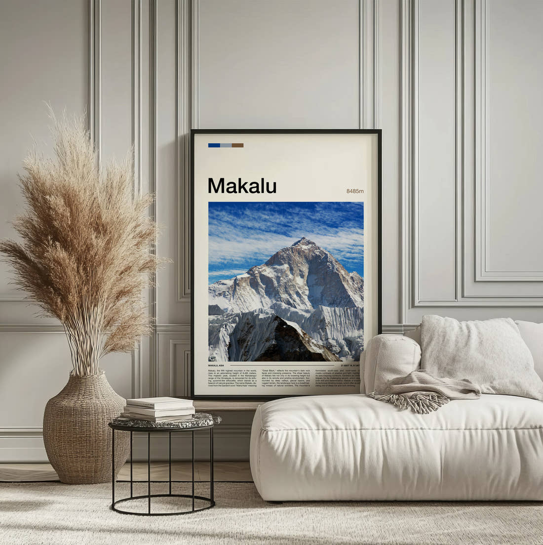 Makalu Snowy Mountain Peaks Travel Print framed on the wall of a calm, neutral bedroom