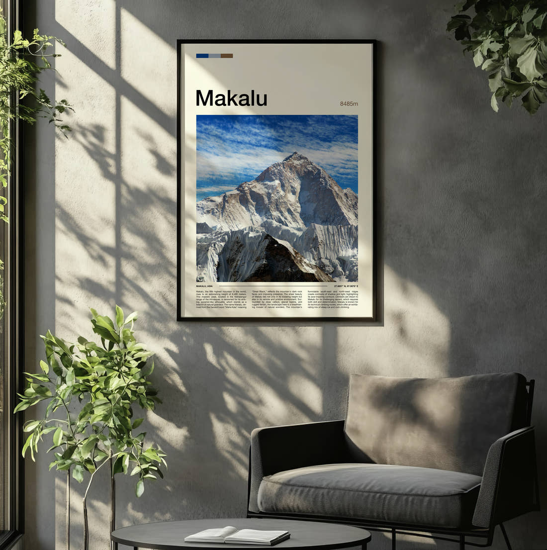 Makalu Snowy Mountain Peaks Travel Print framed on the wall of a relaxed living room