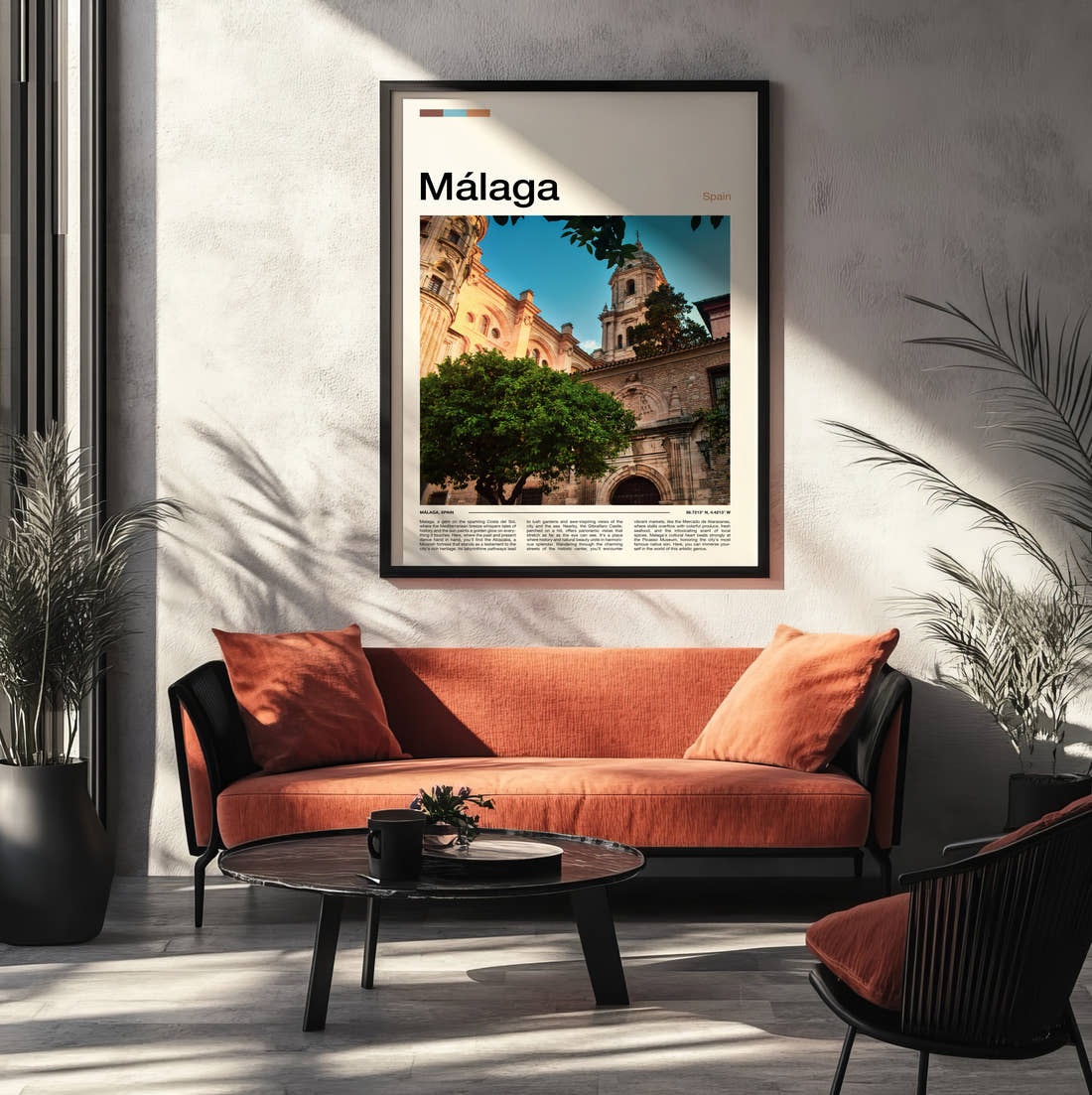 Malaga Cathedral Travel Print framed on the wall of a modern living room