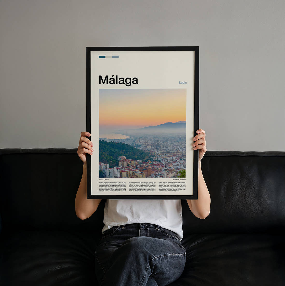 Malaga Hazy City View Travel Print held up by hand to show the size of the print