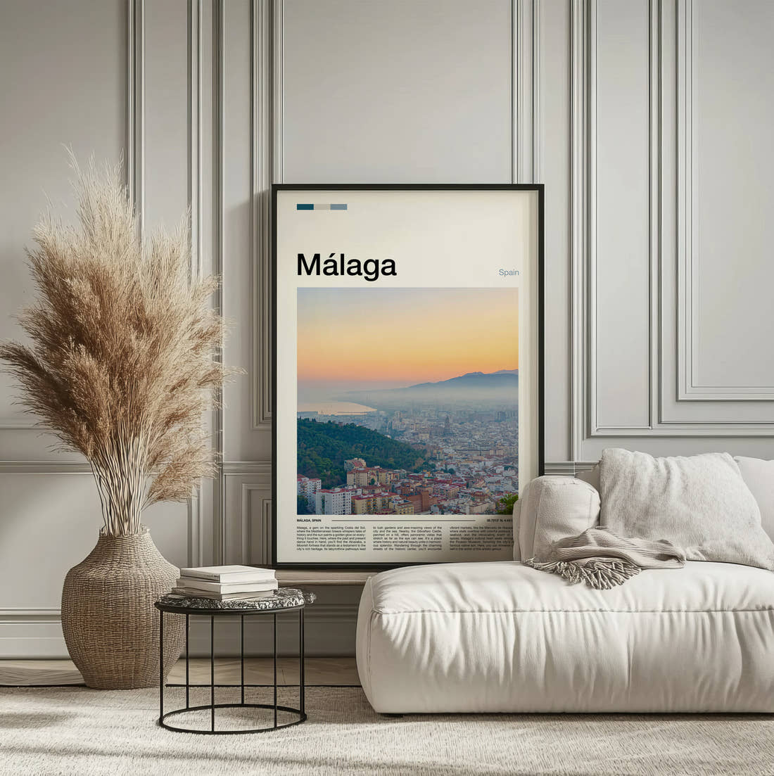 Malaga Hazy City View Travel Print framed on the wall of a calm, neutral bedroom