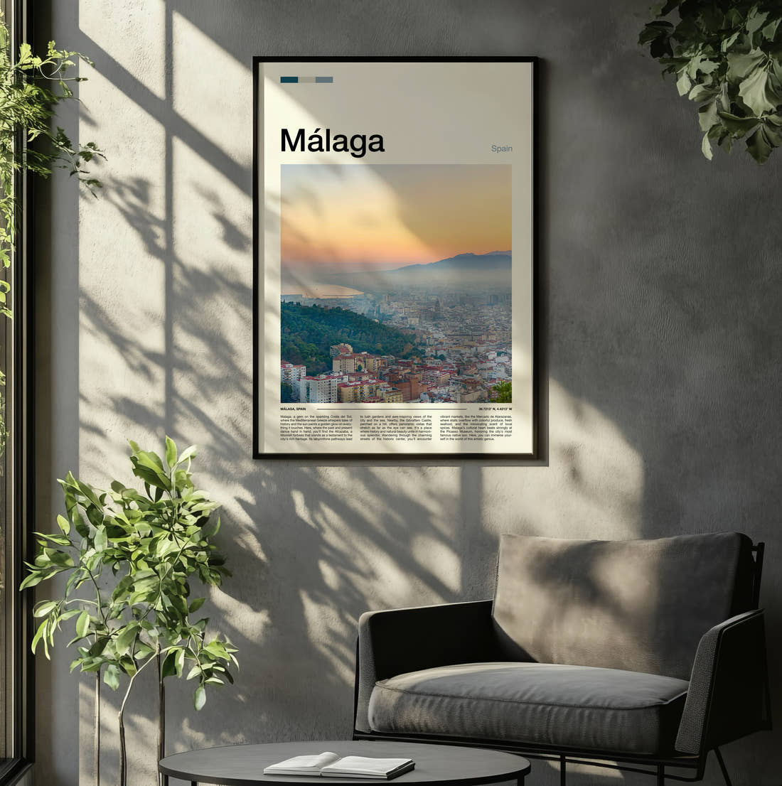 Malaga Hazy City View Travel Print framed on the wall of a relaxed living room