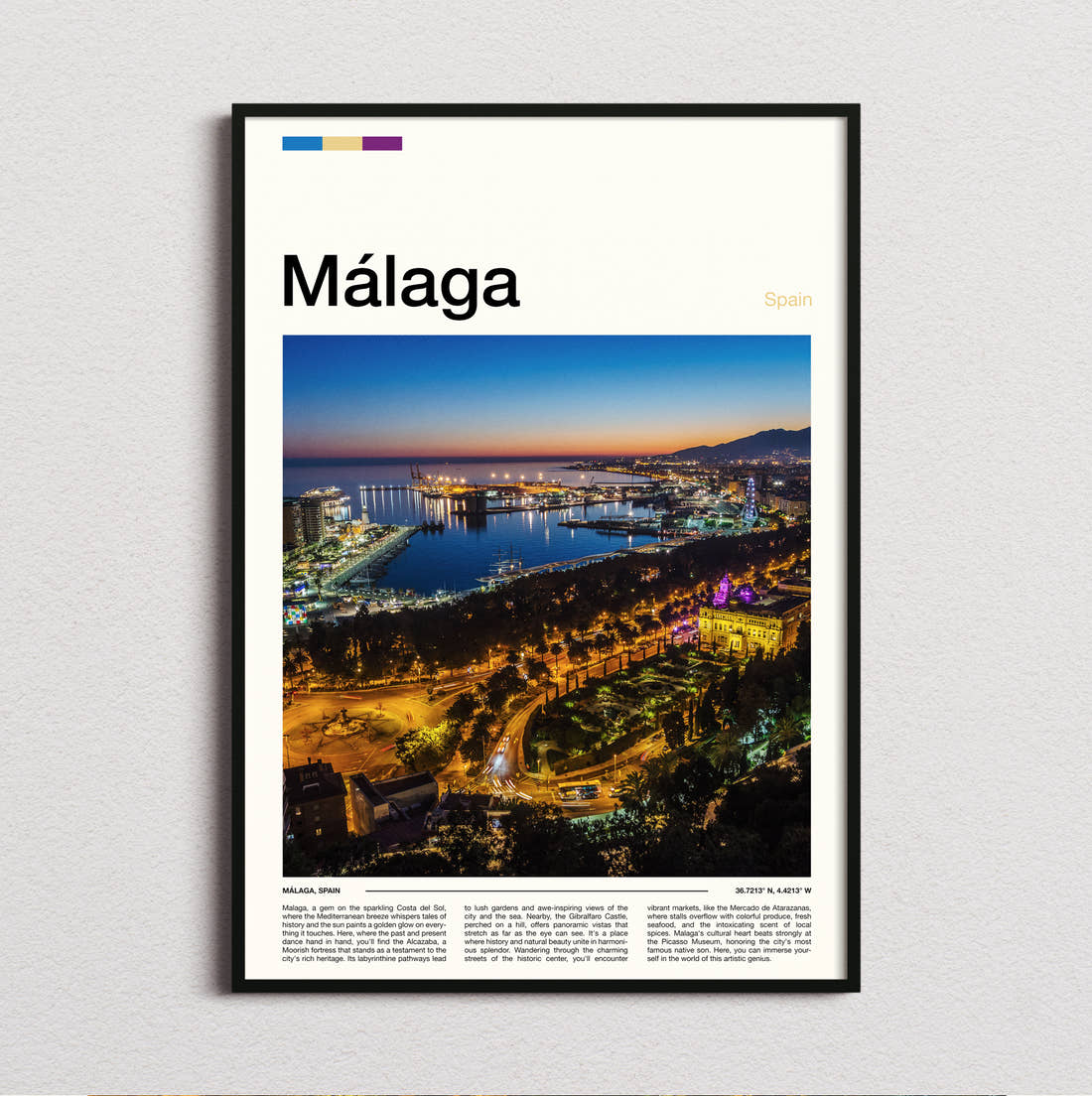 Malaga Port Lights At Night Travel Print framed and photographed straight on