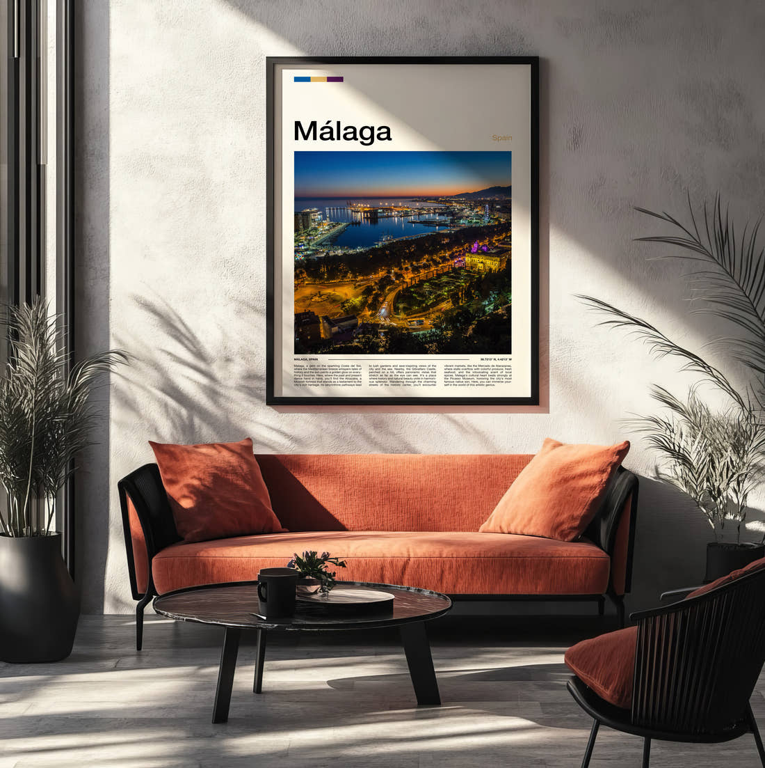 Malaga Port Lights At Night Travel Print framed on the wall of a modern living room